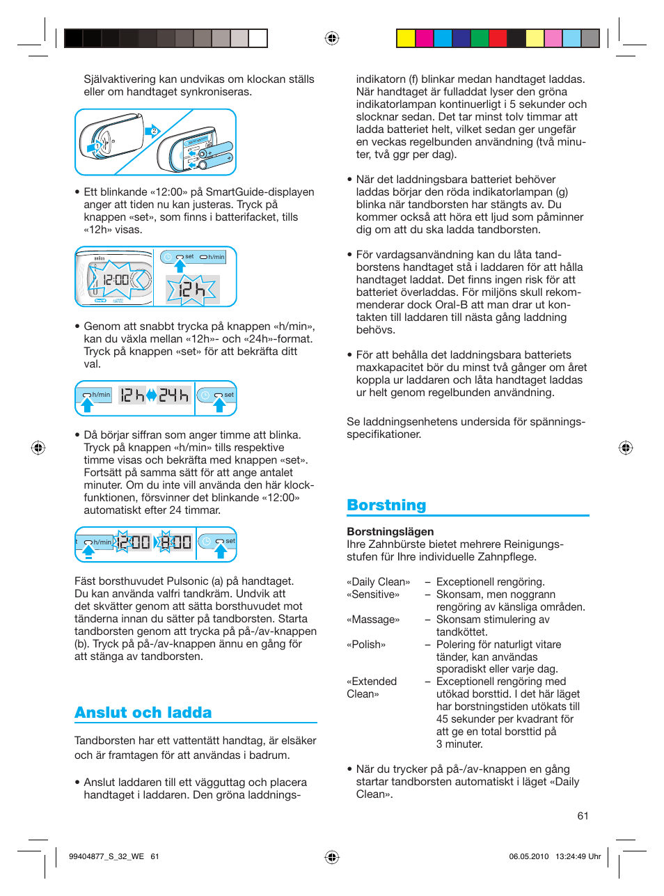 Anslut och ladda, Borstning | Braun S32.533.5 Pulsonic SmartSeries User Manual | Page 61 / 80