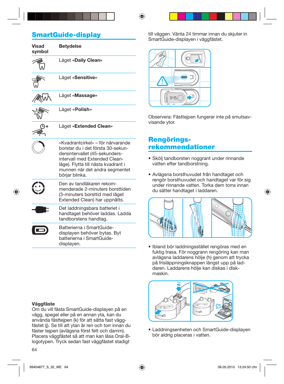 Smartguide-display, Rengörings- rekommendationer | Braun S32.533.5 Pulsonic SmartSeries User Manual | Page 64 / 80