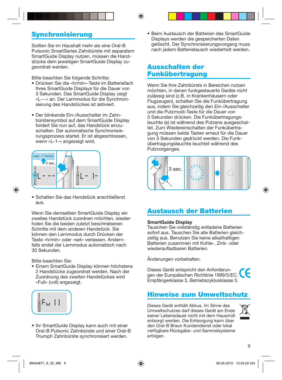 Synchronisierung, Ausschalten der funkübertragung, Austausch der batterien | Hinweise zum umweltschutz | Braun S32.533.5 Pulsonic SmartSeries User Manual | Page 9 / 80