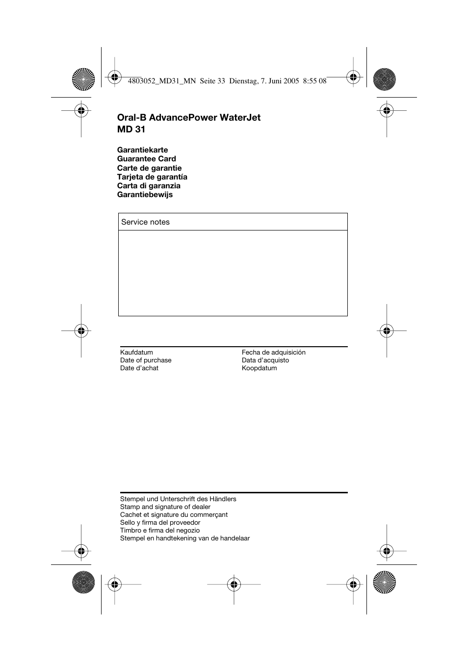 Oral-b advancepower waterjet md 31 | Braun MD31 Advance Power WaterJet User Manual | Page 33 / 34