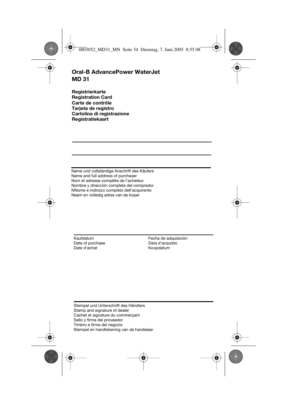Oral-b advancepower waterjet md 31 | Braun MD31 Advance Power WaterJet User Manual | Page 34 / 34