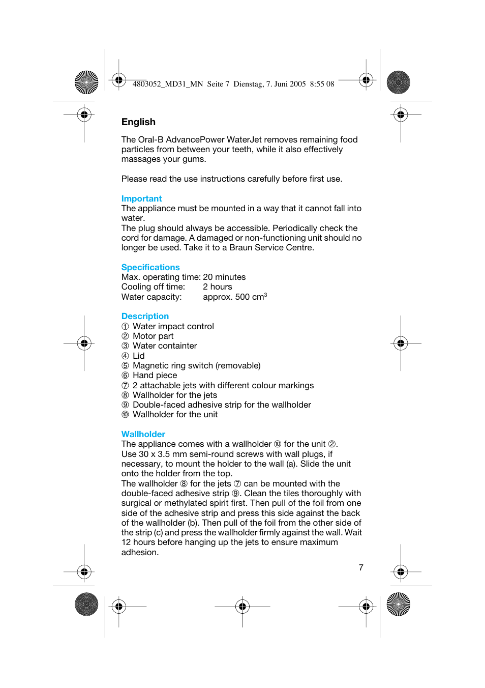Braun MD31 Advance Power WaterJet User Manual | Page 7 / 34