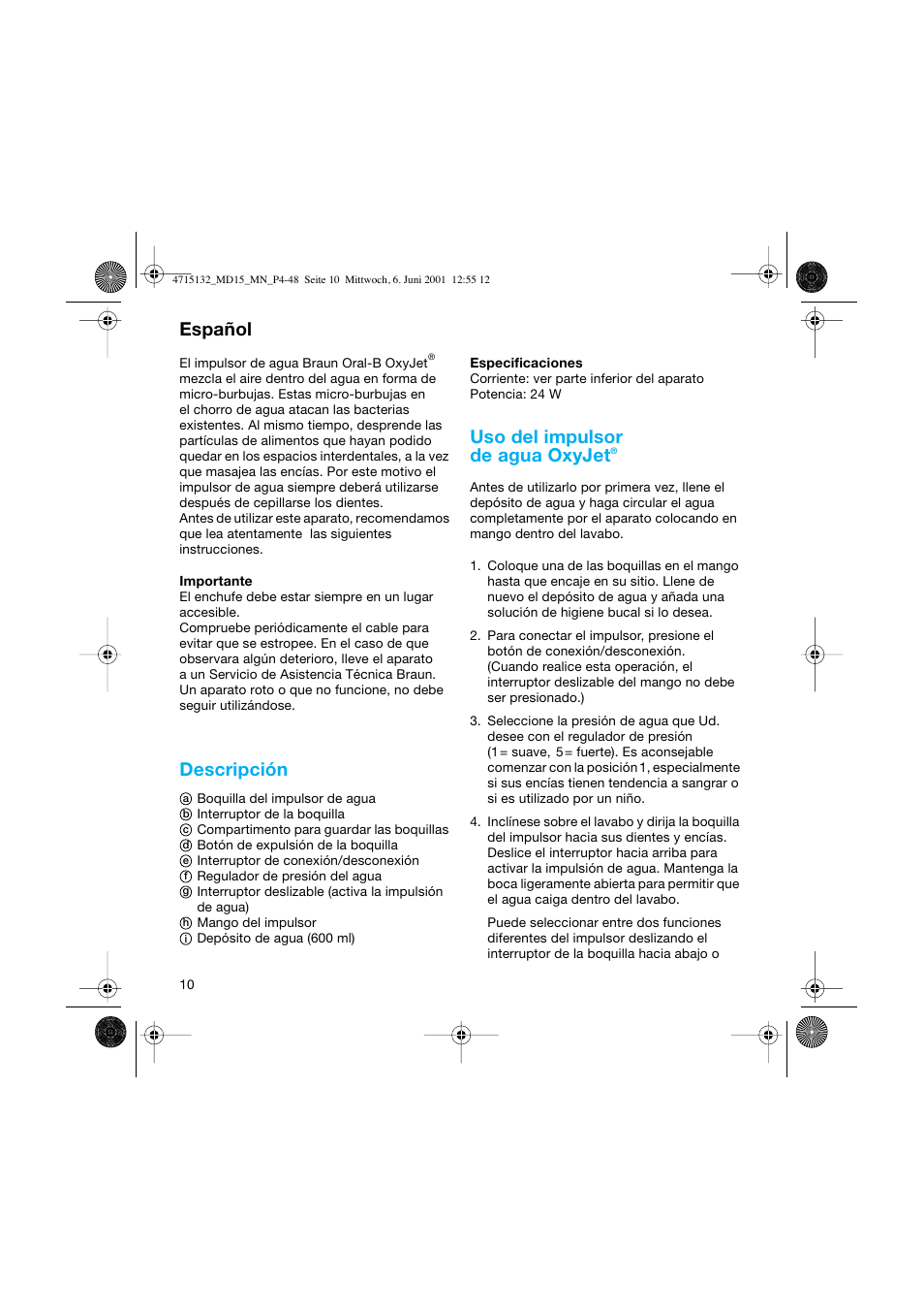 Español, Descripción, Uso del impulsor de agua oxyjet | Braun MD15 OxyJet User Manual | Page 10 / 45