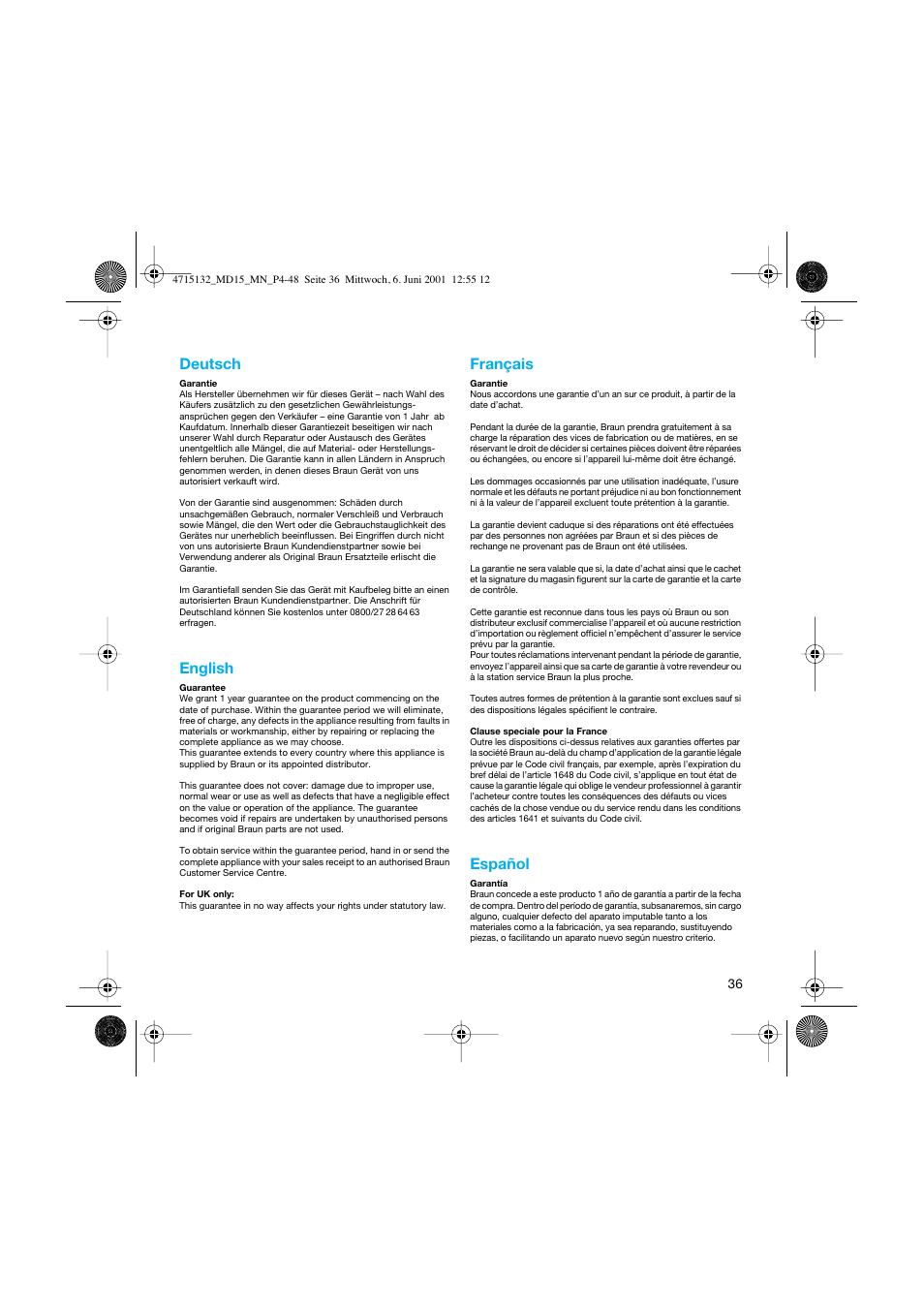 Deutsch, English, Français | Español | Braun MD15 OxyJet User Manual | Page 36 / 45