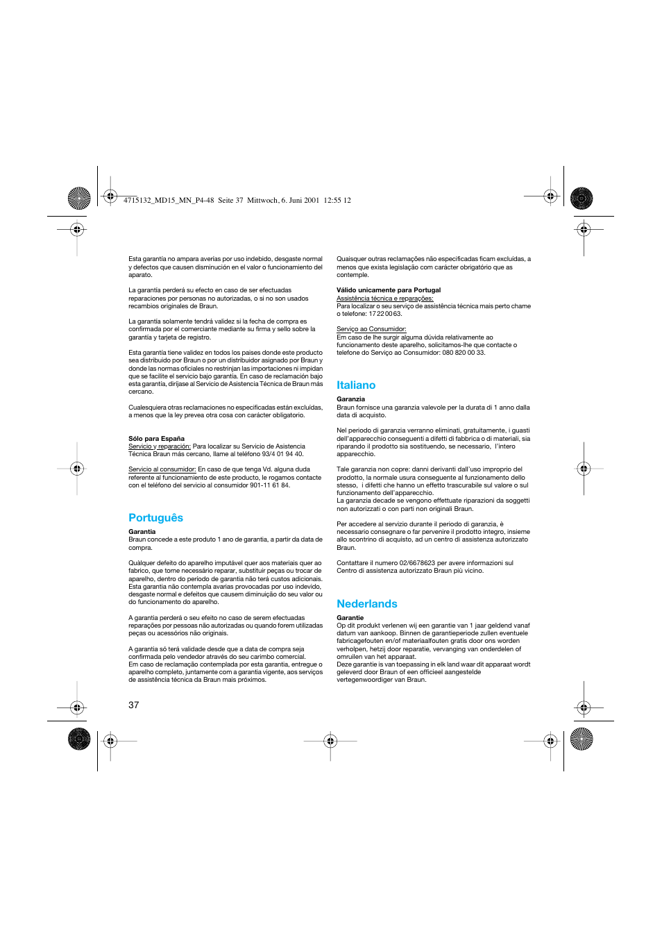 Português, Italiano, Nederlands | Braun MD15 OxyJet User Manual | Page 37 / 45