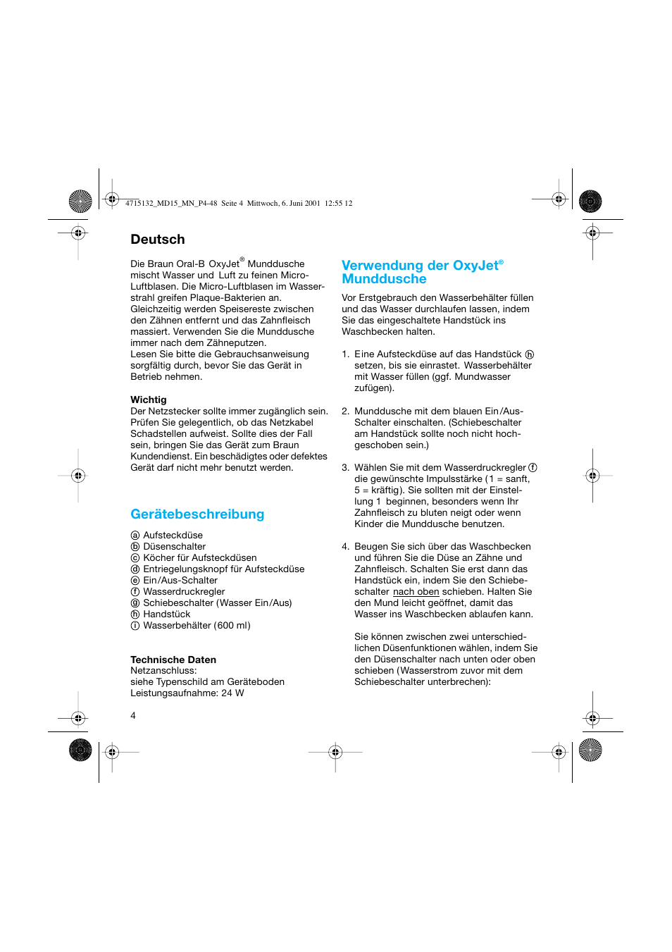 Deutsch, Gerätebeschreibung, Verwendung der oxyjet | Munddusche | Braun MD15 OxyJet User Manual | Page 4 / 45