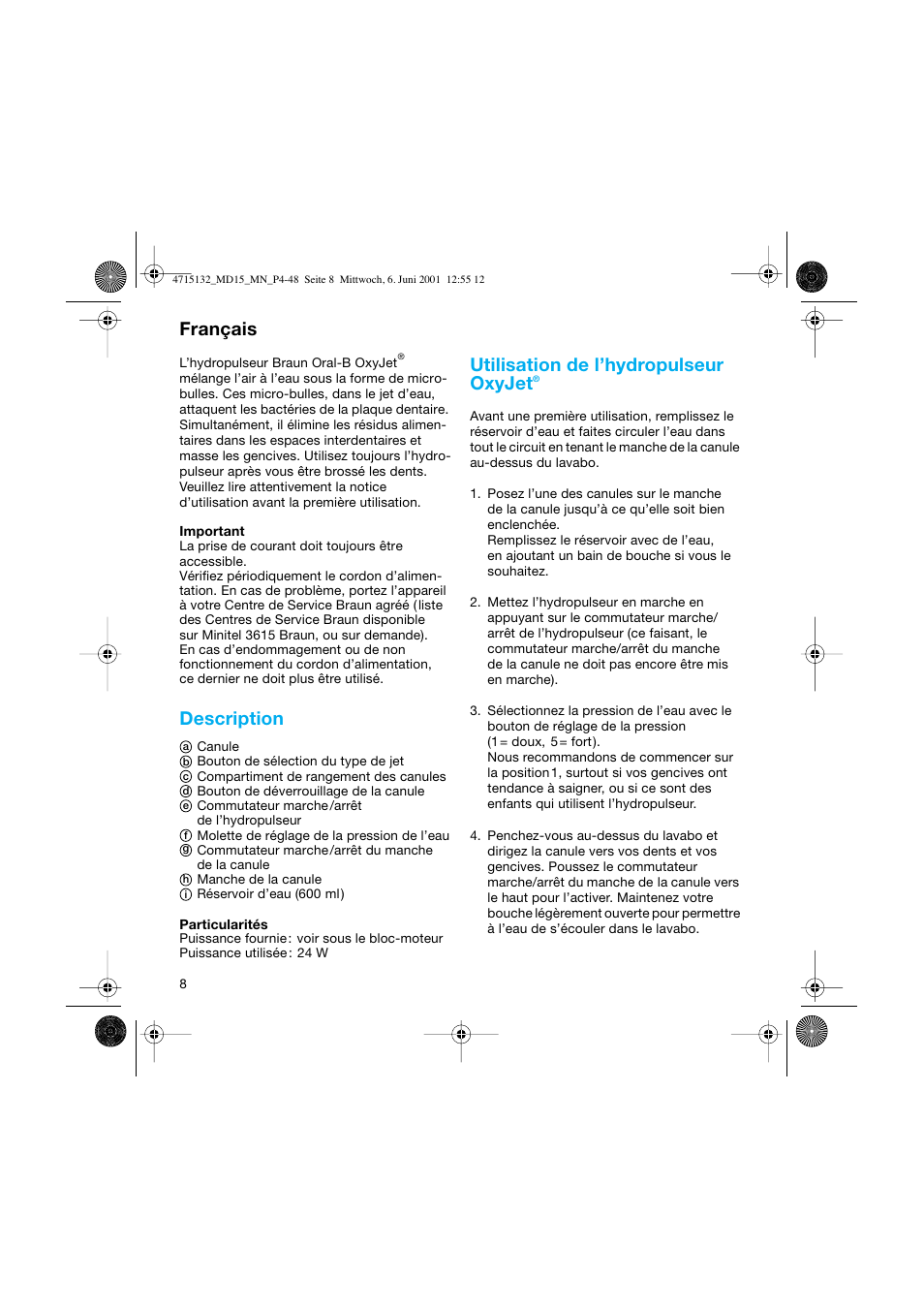 Français, Description, Utilisation de l’hydropulseur oxyjet | Braun MD15 OxyJet User Manual | Page 8 / 45