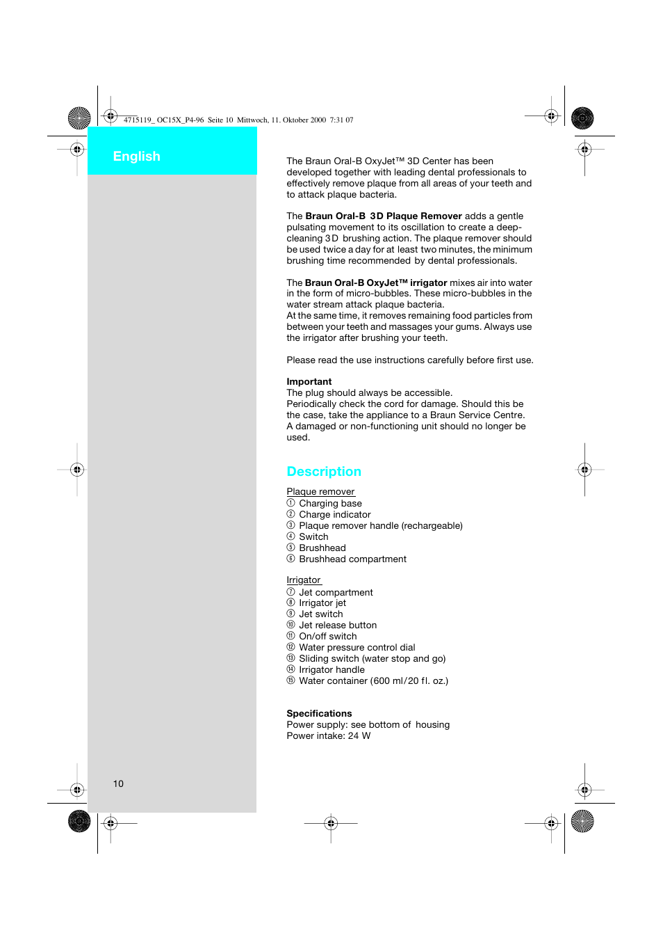 English, Description | Braun OC15525 OxyJet 3D Center User Manual | Page 10 / 96