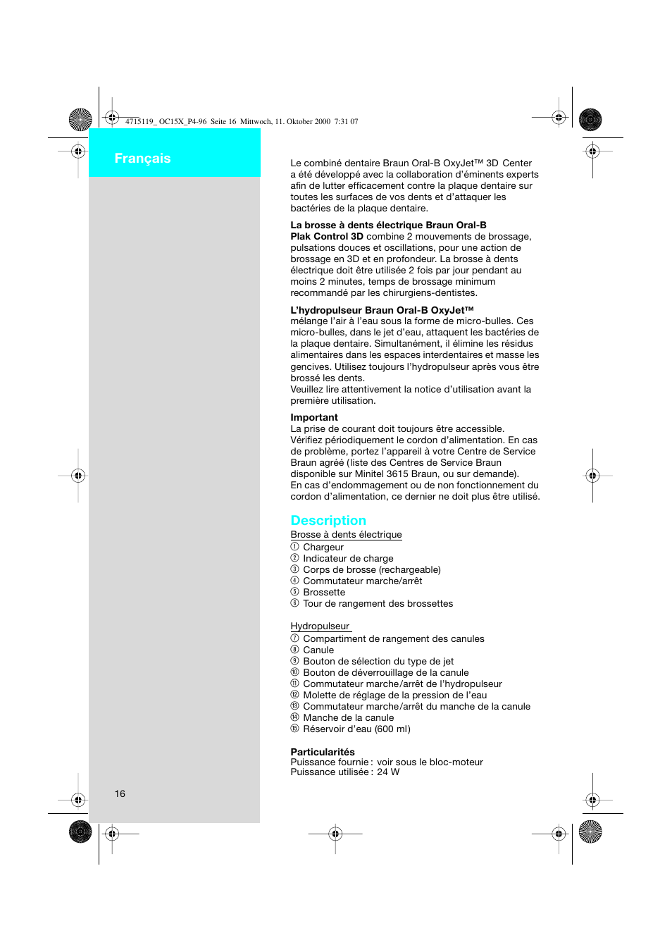 Français, Description | Braun OC15525 OxyJet 3D Center User Manual | Page 16 / 96