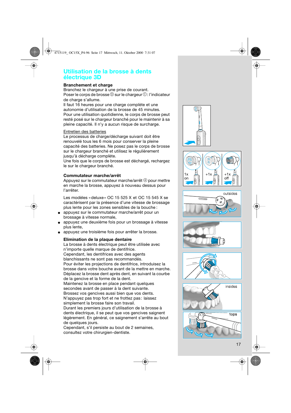 Utilisation de la brosse à dents électrique 3d | Braun OC15525 OxyJet 3D Center User Manual | Page 17 / 96