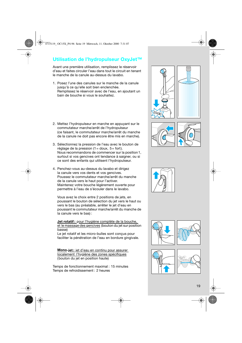 Utilisation de l’hydropulseur oxyjet | Braun OC15525 OxyJet 3D Center User Manual | Page 19 / 96