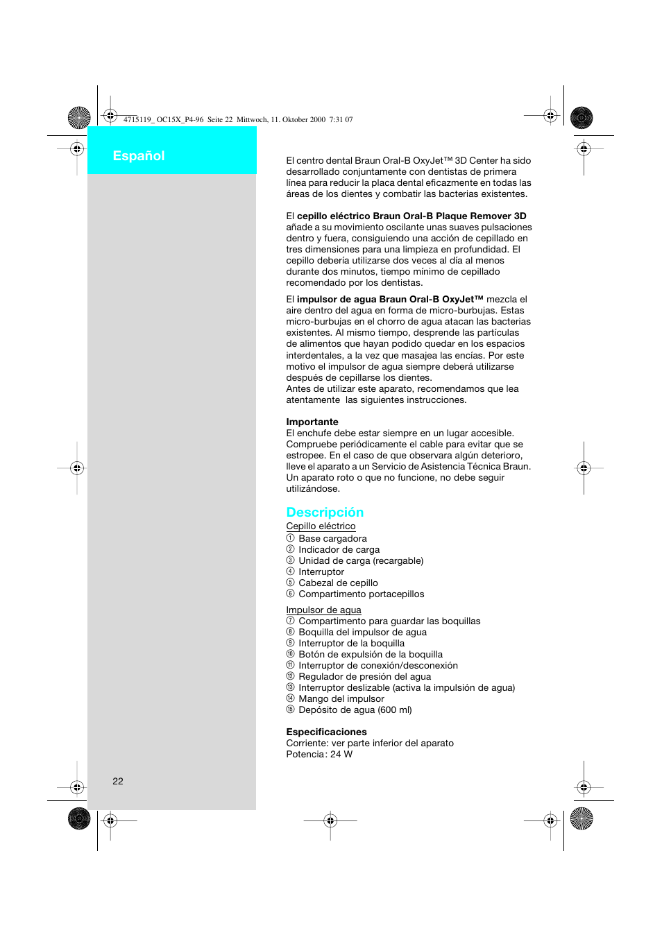 Español, Descripción | Braun OC15525 OxyJet 3D Center User Manual | Page 22 / 96