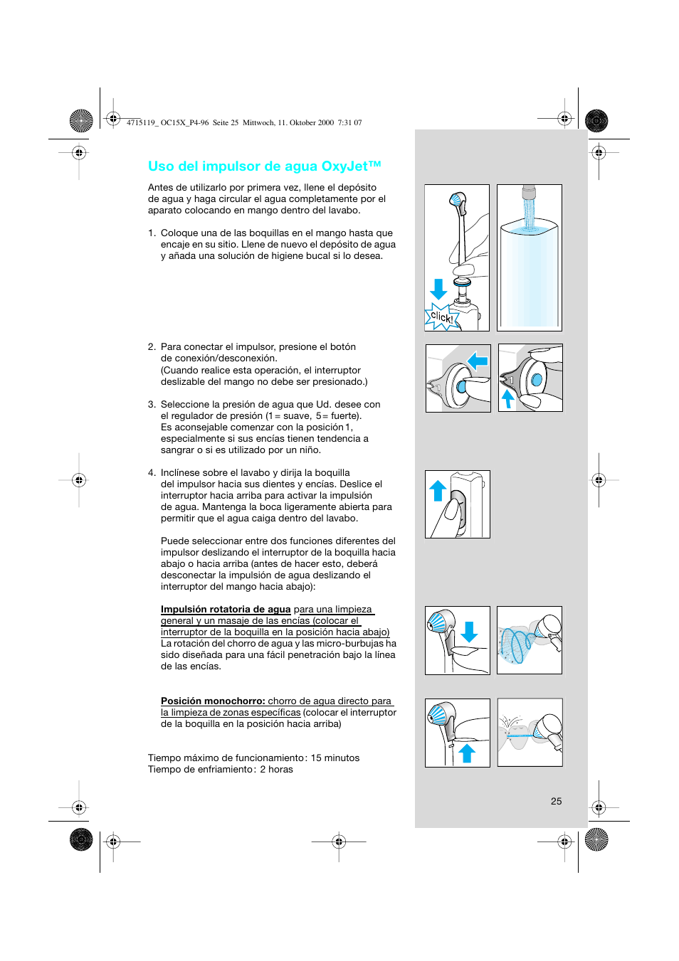 Uso del impulsor de agua oxyjet | Braun OC15525 OxyJet 3D Center User Manual | Page 25 / 96