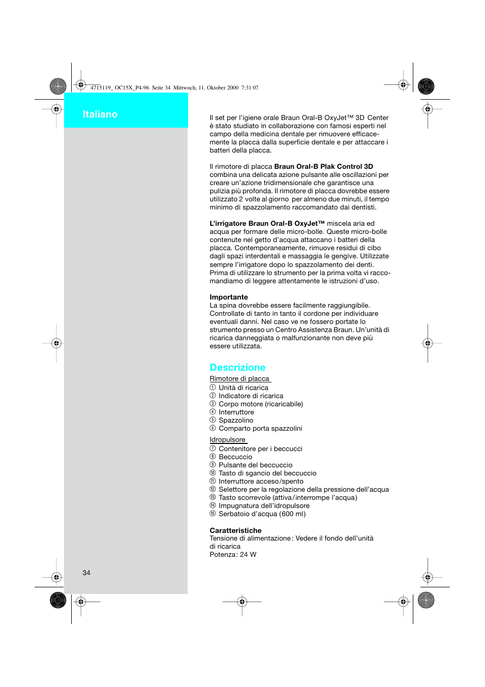 Italiano, Descrizione | Braun OC15525 OxyJet 3D Center User Manual | Page 34 / 96