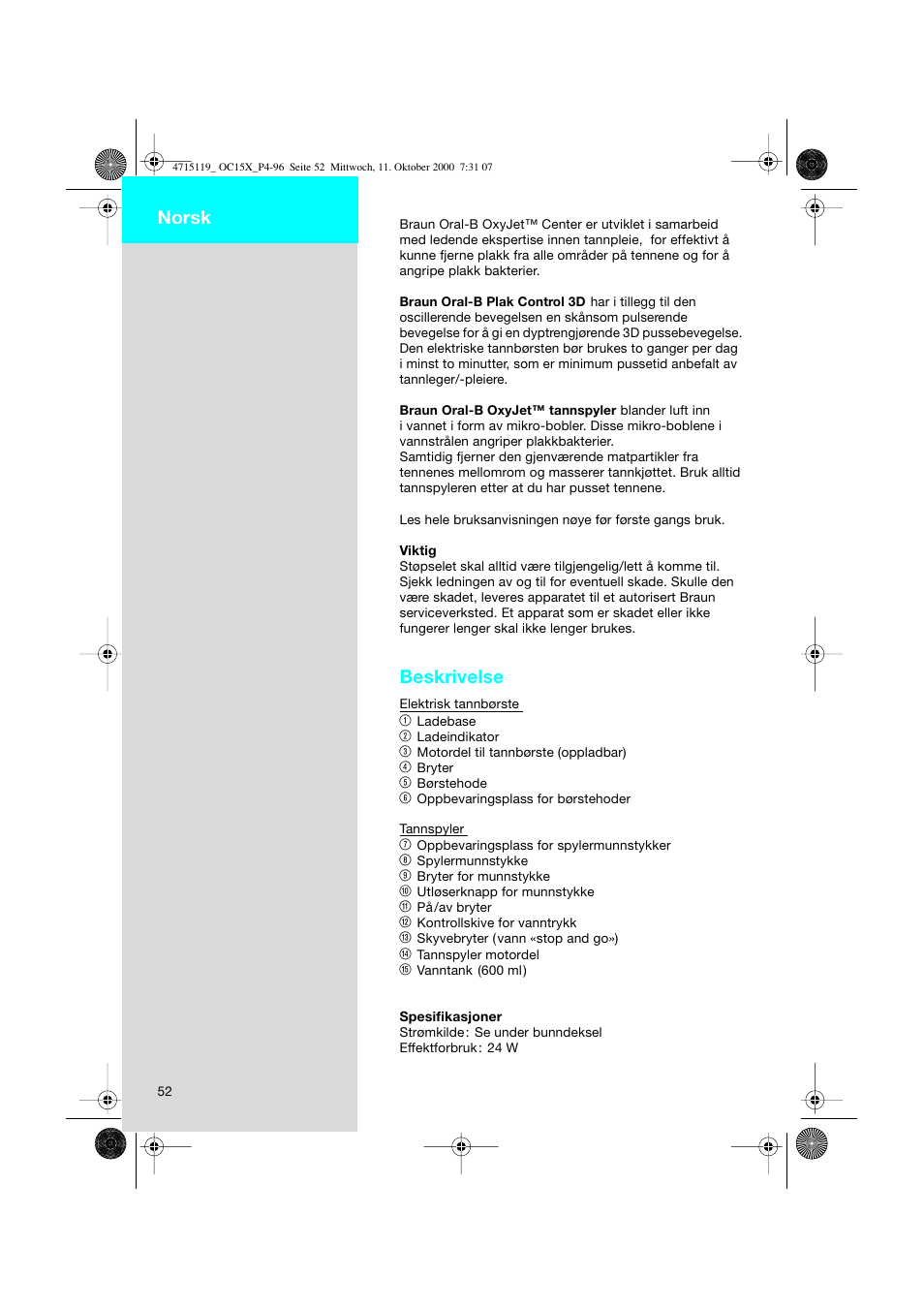 Norsk, Beskrivelse | Braun OC15525 OxyJet 3D Center User Manual | Page 52 / 96