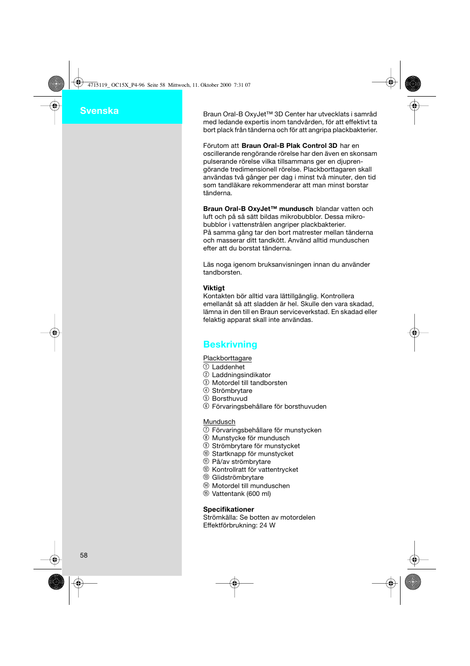 Svenska, Beskrivning | Braun OC15525 OxyJet 3D Center User Manual | Page 58 / 96