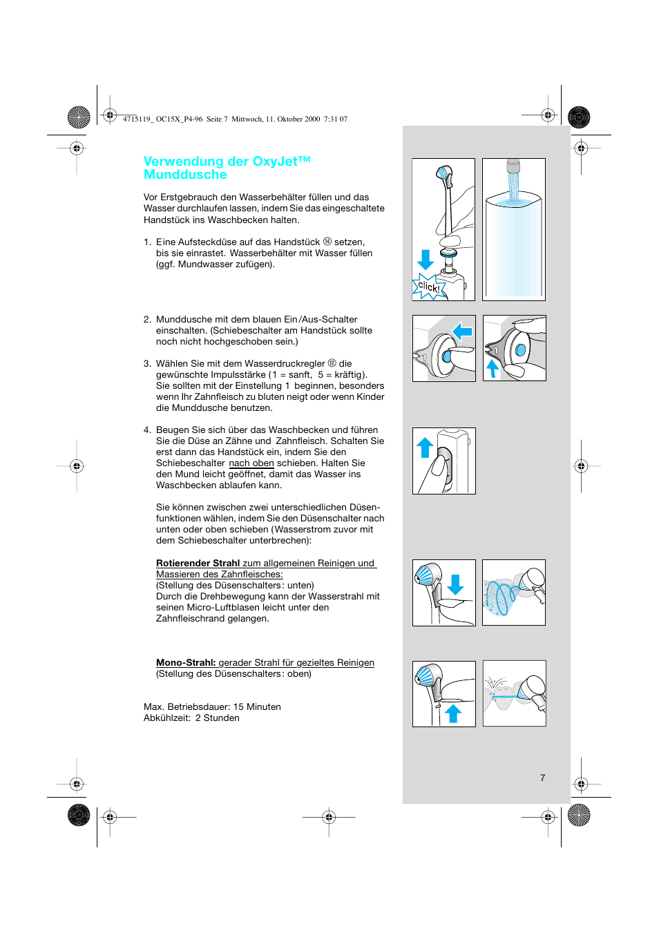Verwendung der oxyjet™ munddusche | Braun OC15525 OxyJet 3D Center User Manual | Page 7 / 96