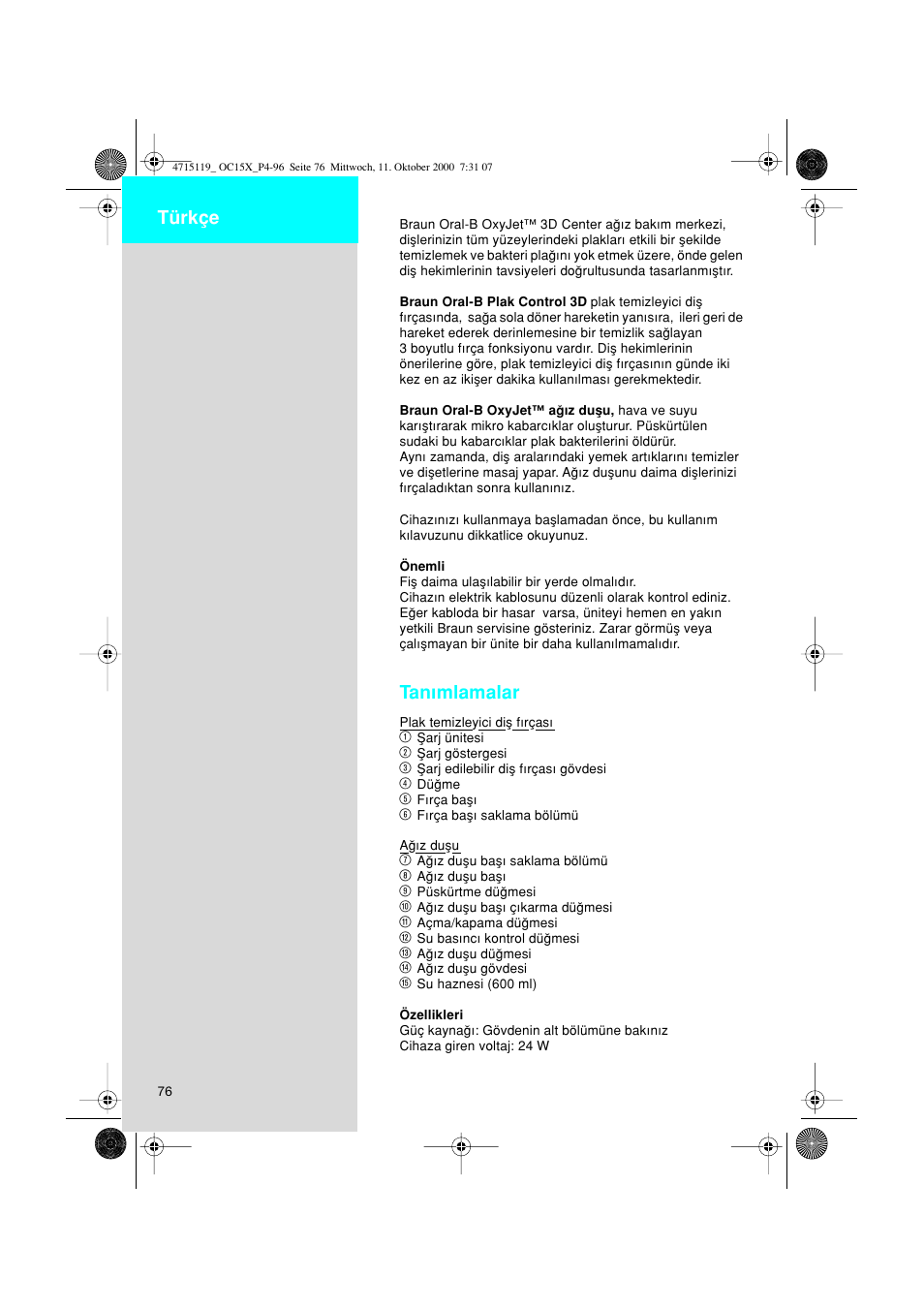 Türkçe, Tan∂mlamalar | Braun OC15525 OxyJet 3D Center User Manual | Page 76 / 96