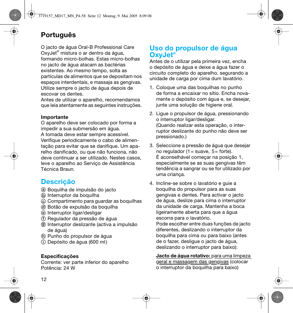 Descrição, Uso do propulsor de água oxyjet, Português | Braun MD17 Professional Care OxyJet User Manual | Page 12 / 54
