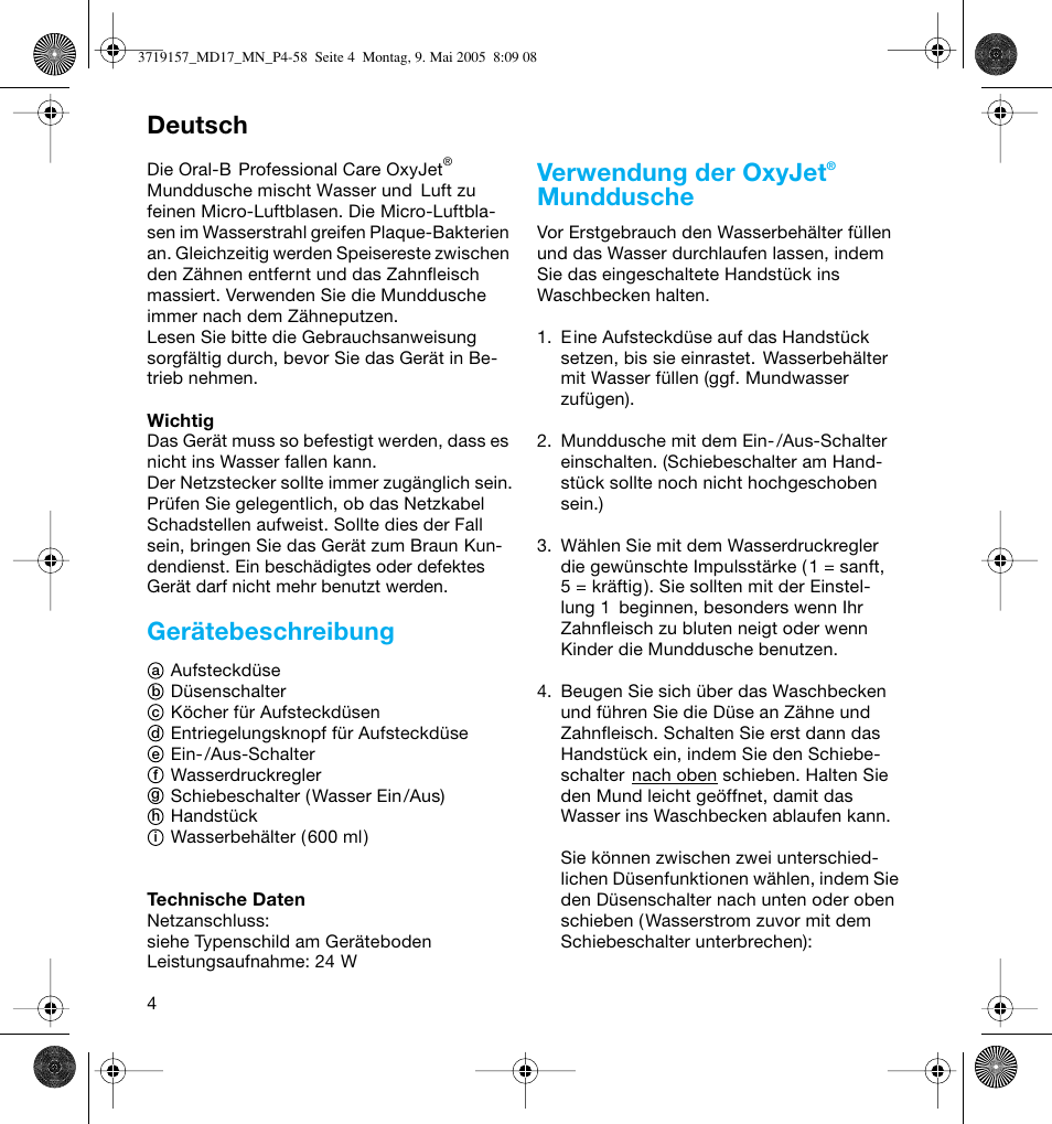 Gerätebeschreibung, Verwendung der oxyjet, Munddusche | Deutsch | Braun MD17 Professional Care OxyJet User Manual | Page 4 / 54