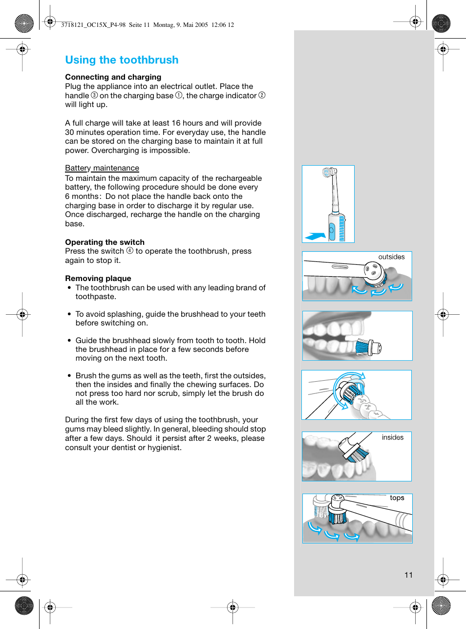 Using the toothbrush | Braun OC15A Professional Care Center User Manual | Page 11 / 95