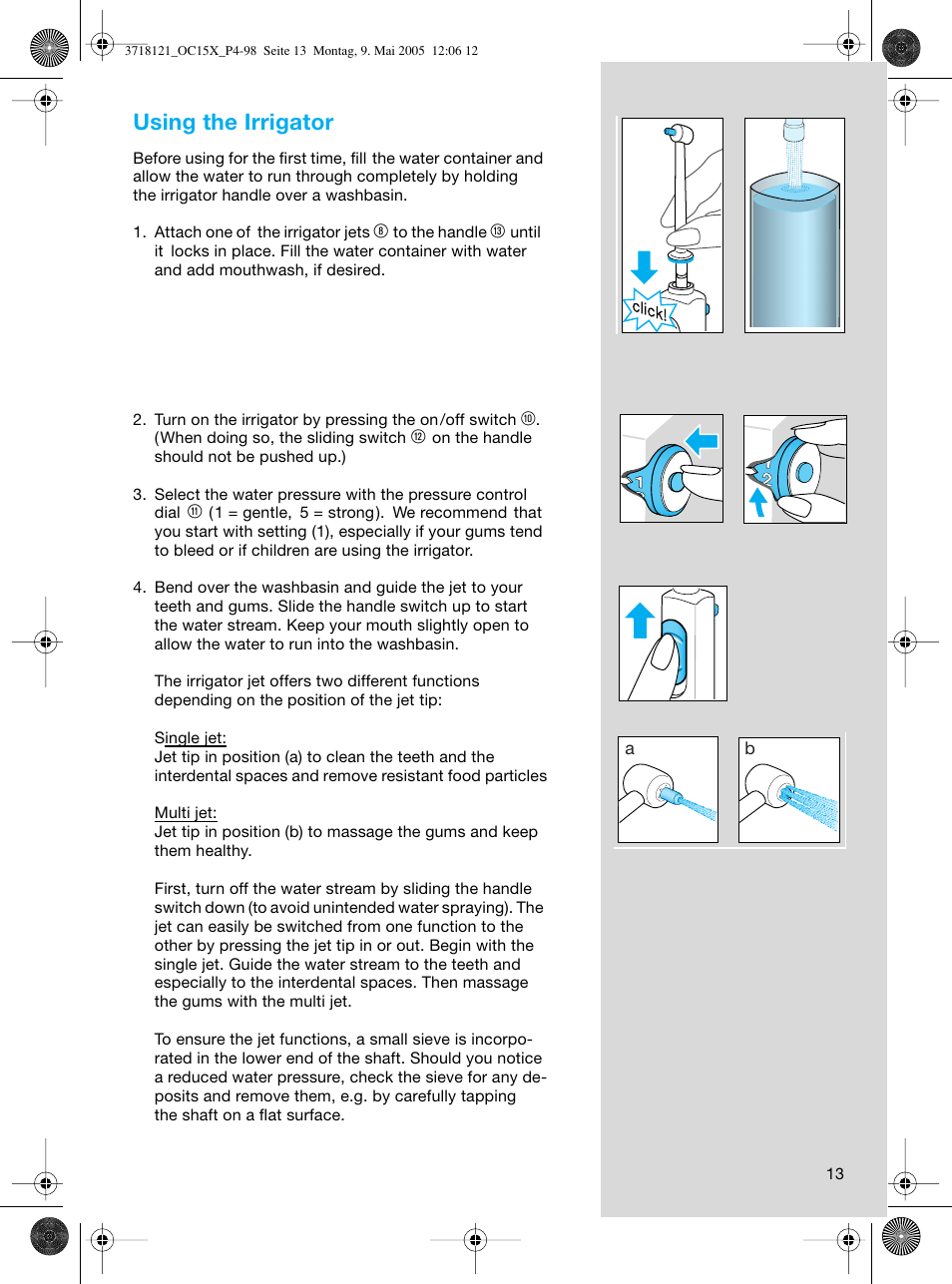 Using the irrigator | Braun OC15A Professional Care Center User Manual | Page 13 / 95