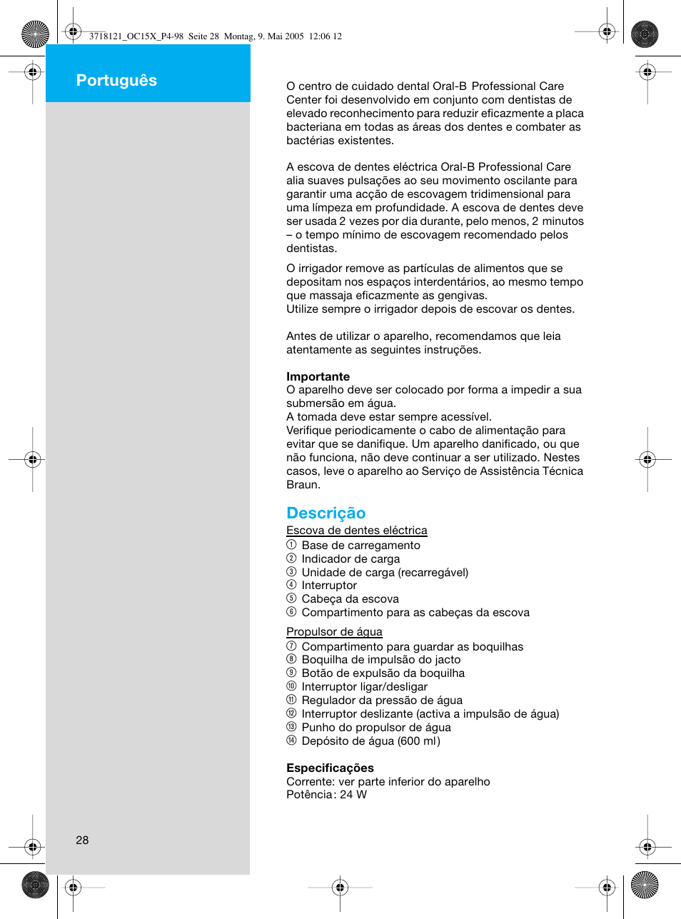 Descrição, Português | Braun OC15A Professional Care Center User Manual | Page 28 / 95