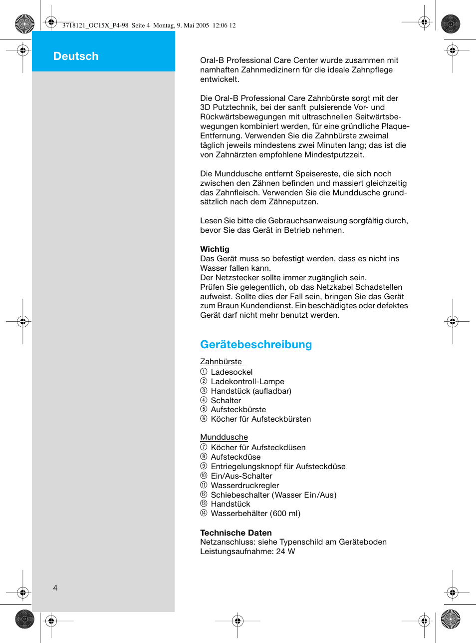Gerätebeschreibung, Deutsch | Braun OC15A Professional Care Center User Manual | Page 4 / 95