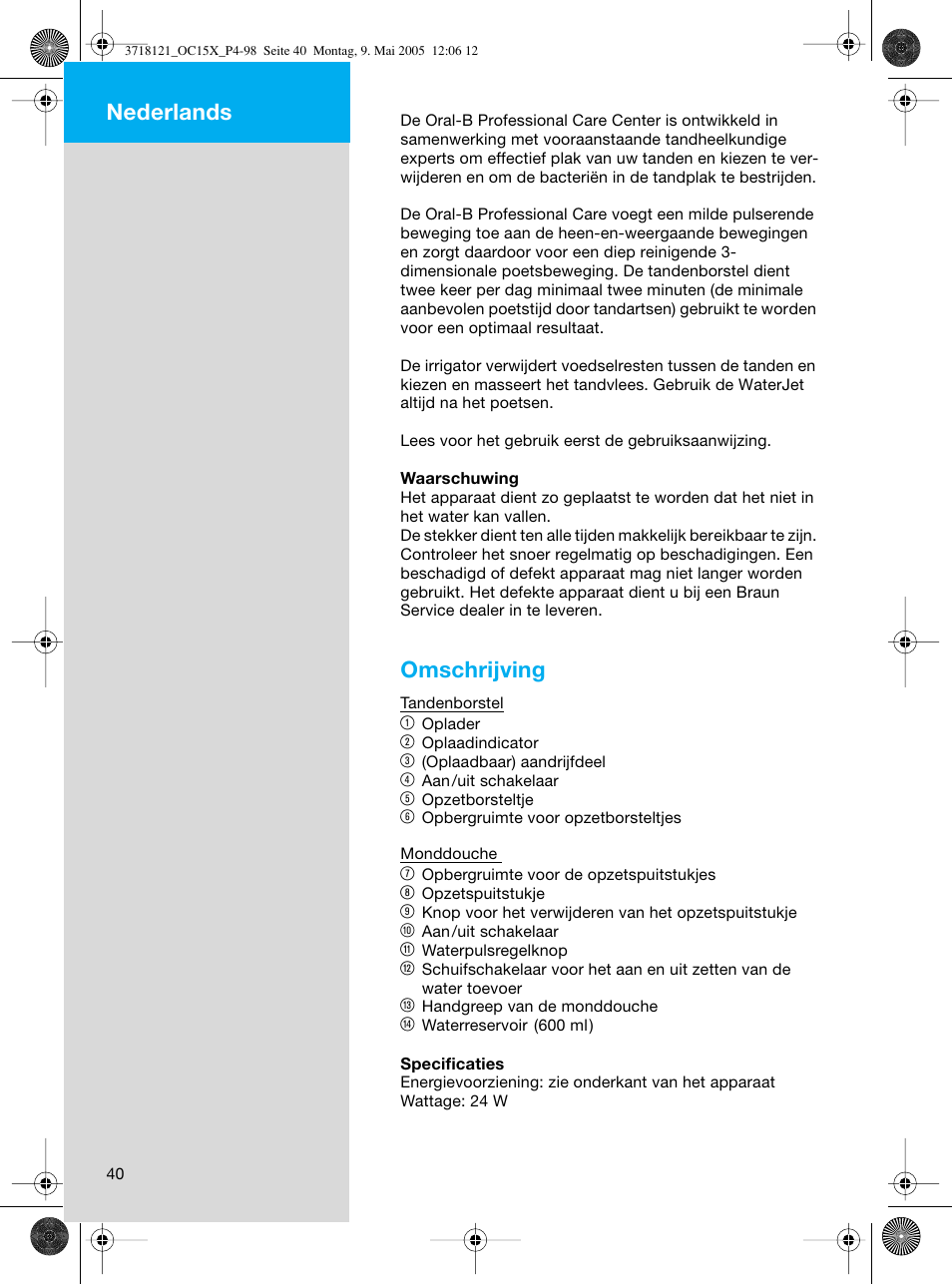 Omschrijving, Nederlands | Braun OC15A Professional Care Center User Manual | Page 40 / 95