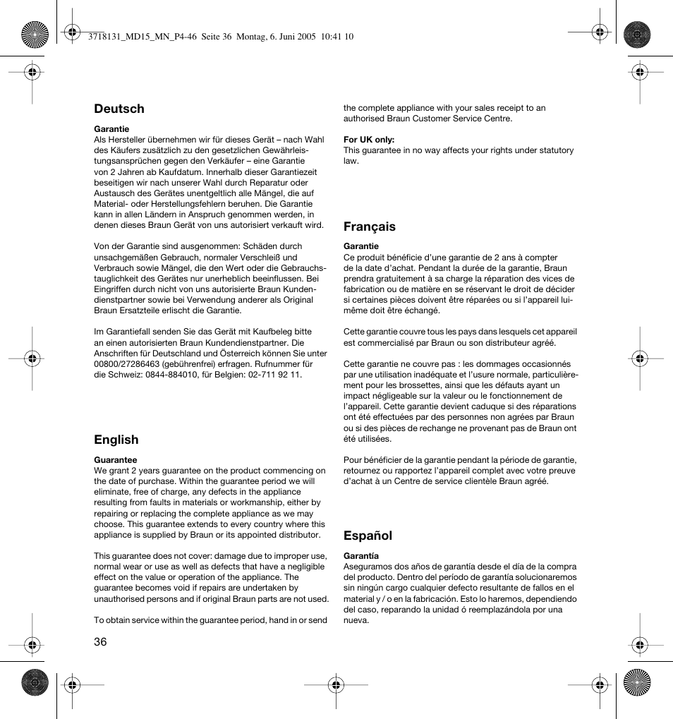 Deutsch, English, Français | Español | Braun MD15A Professional Care WaterJet User Manual | Page 36 / 46