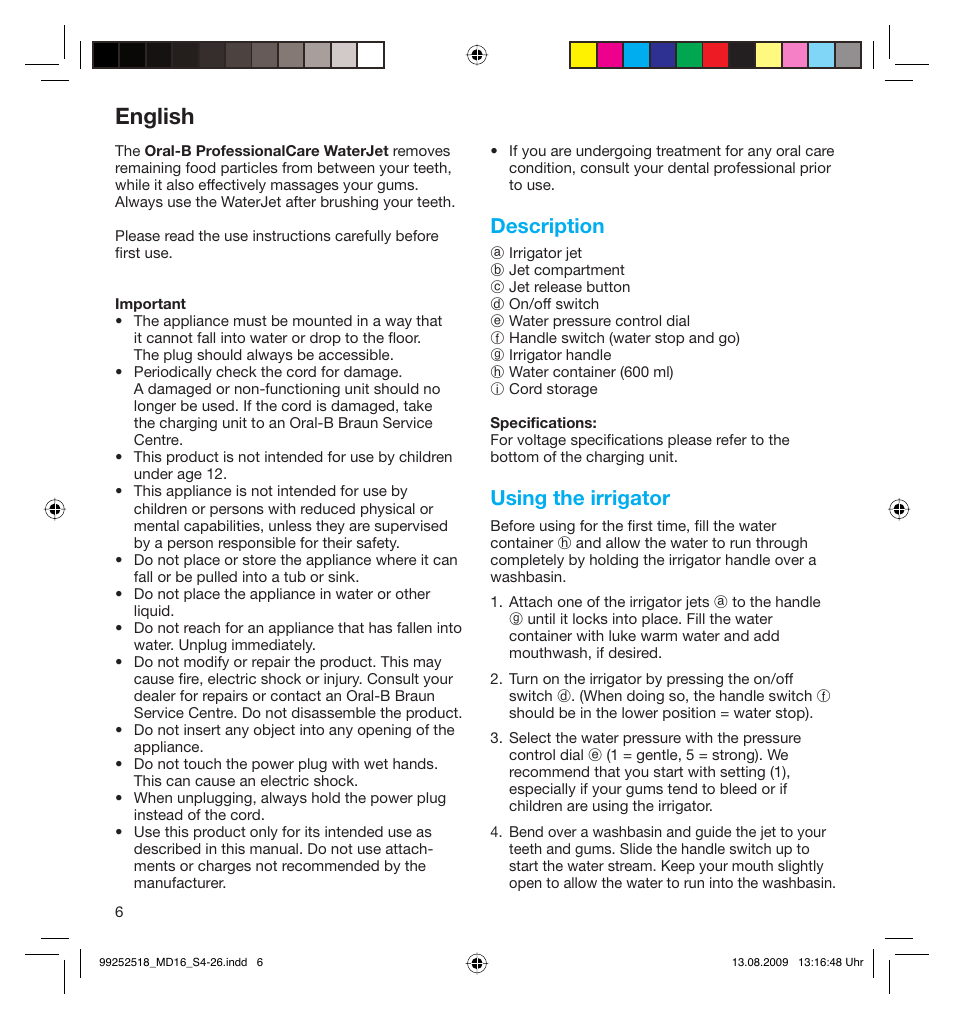 English, Description, Using the irrigator | Braun MD16 Professional Care 6500 WaterJet User Manual | Page 6 / 23