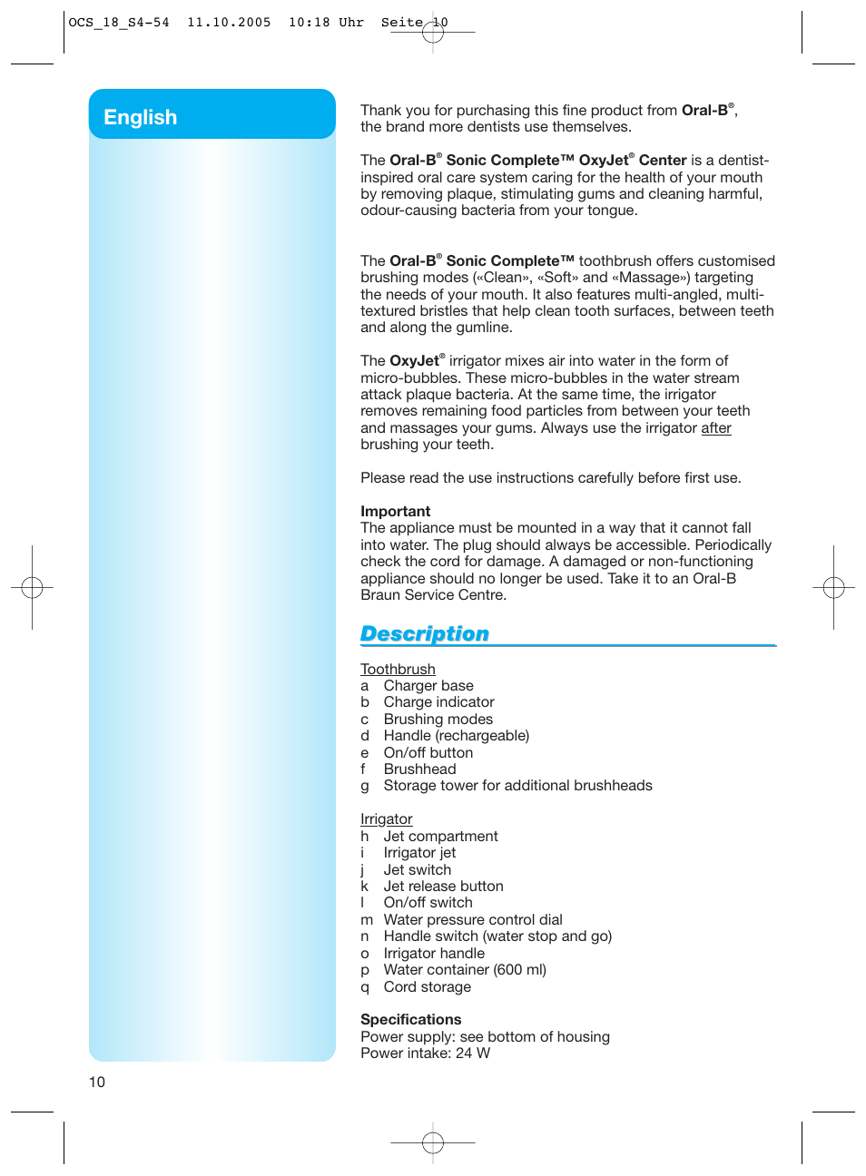 Description, English | Braun Sonic Complete OxyJet Center User Manual | Page 10 / 53