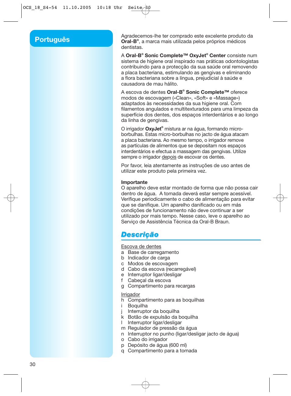 Descrição, Português | Braun Sonic Complete OxyJet Center User Manual | Page 30 / 53