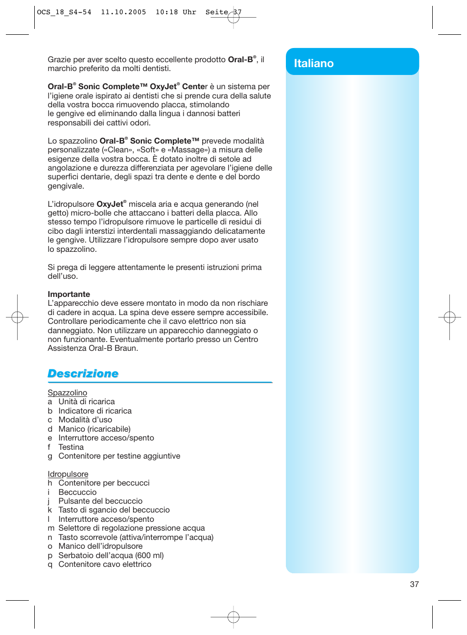 Descrizione, Italiano | Braun Sonic Complete OxyJet Center User Manual | Page 37 / 53