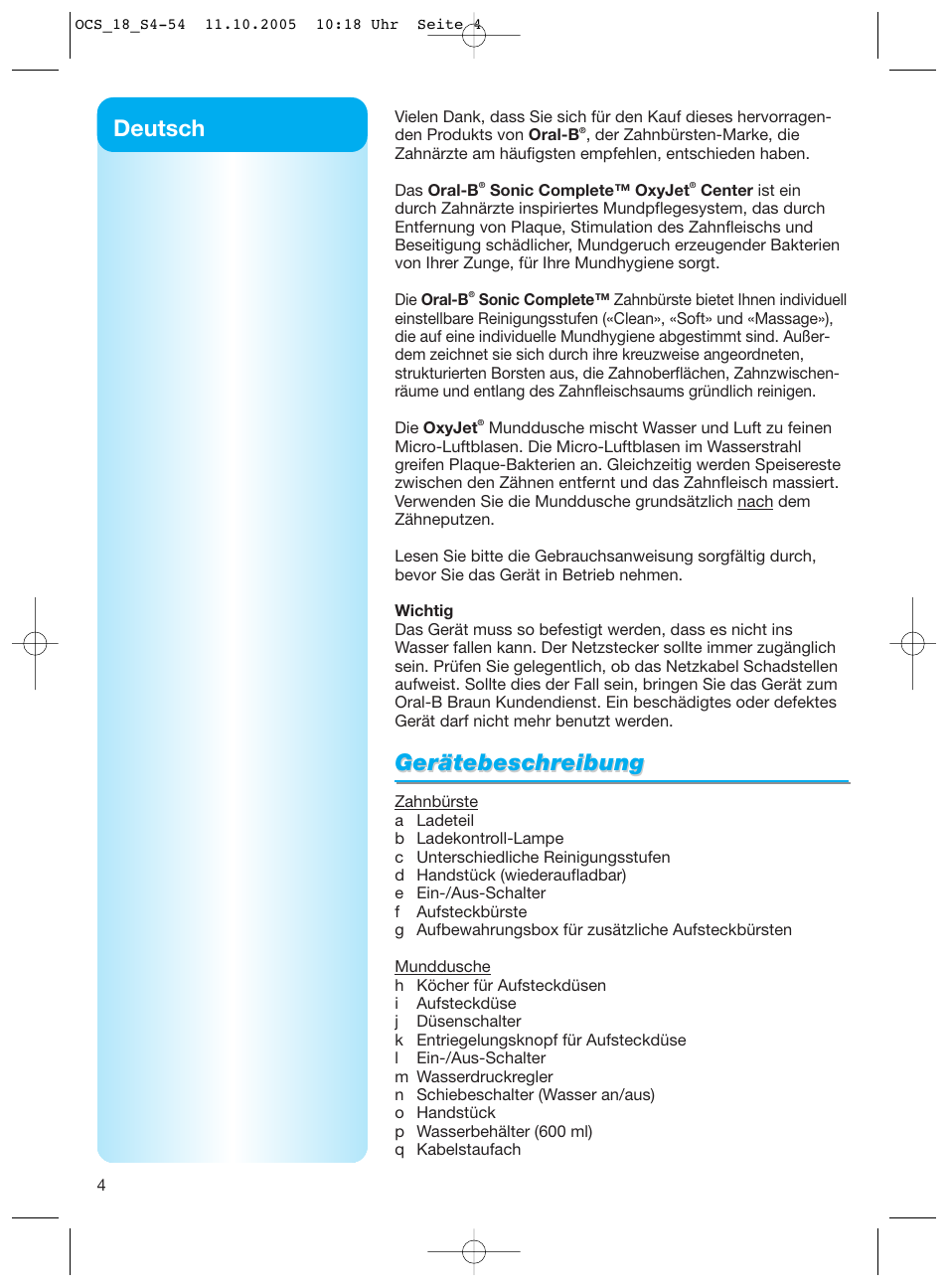 Gerätebeschr, Gerätebeschr eibung eibung, Deutsch | Braun Sonic Complete OxyJet Center User Manual | Page 4 / 53