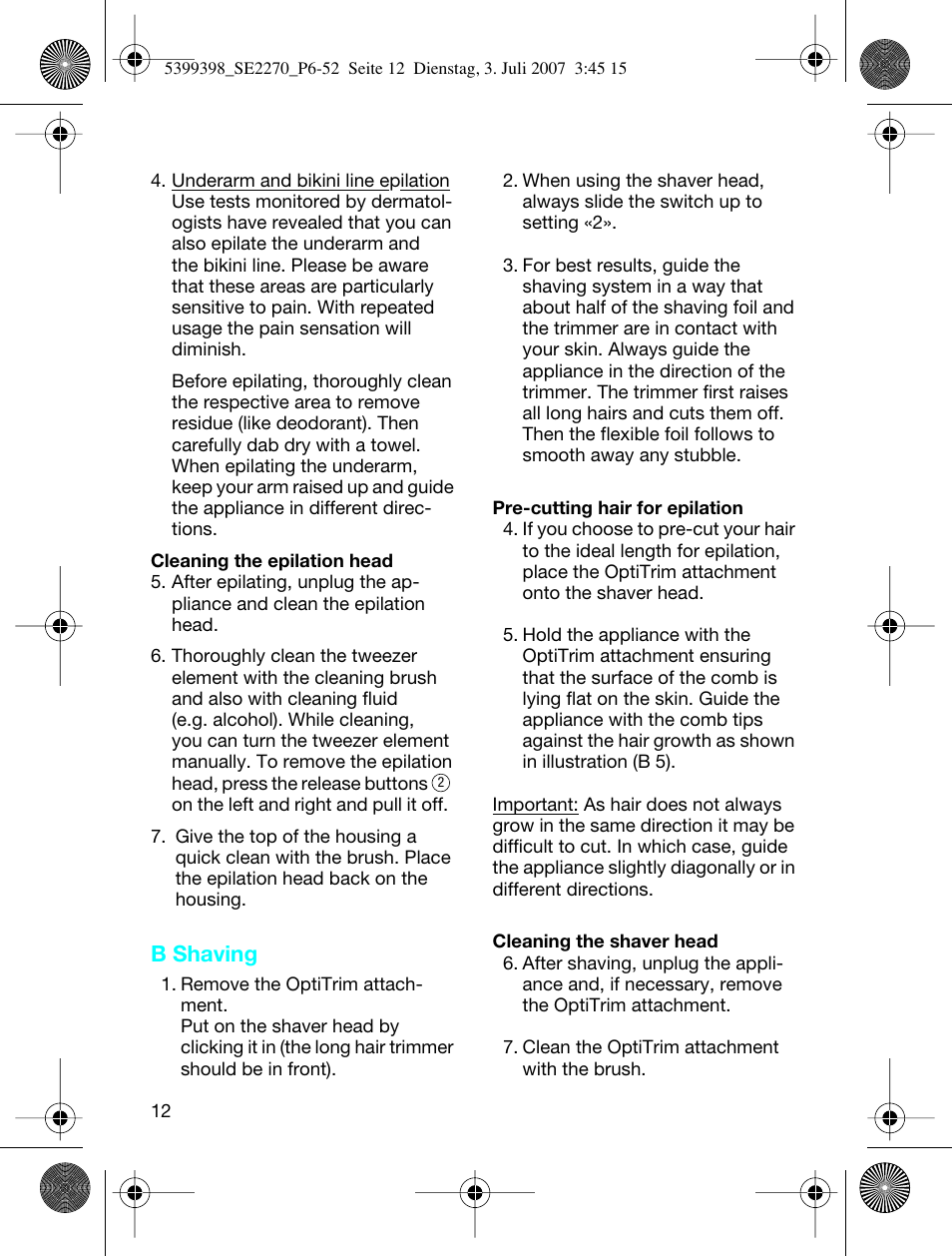 B shaving | Braun 2270-5316 Silk-épil EverSoft User Manual | Page 12 / 59