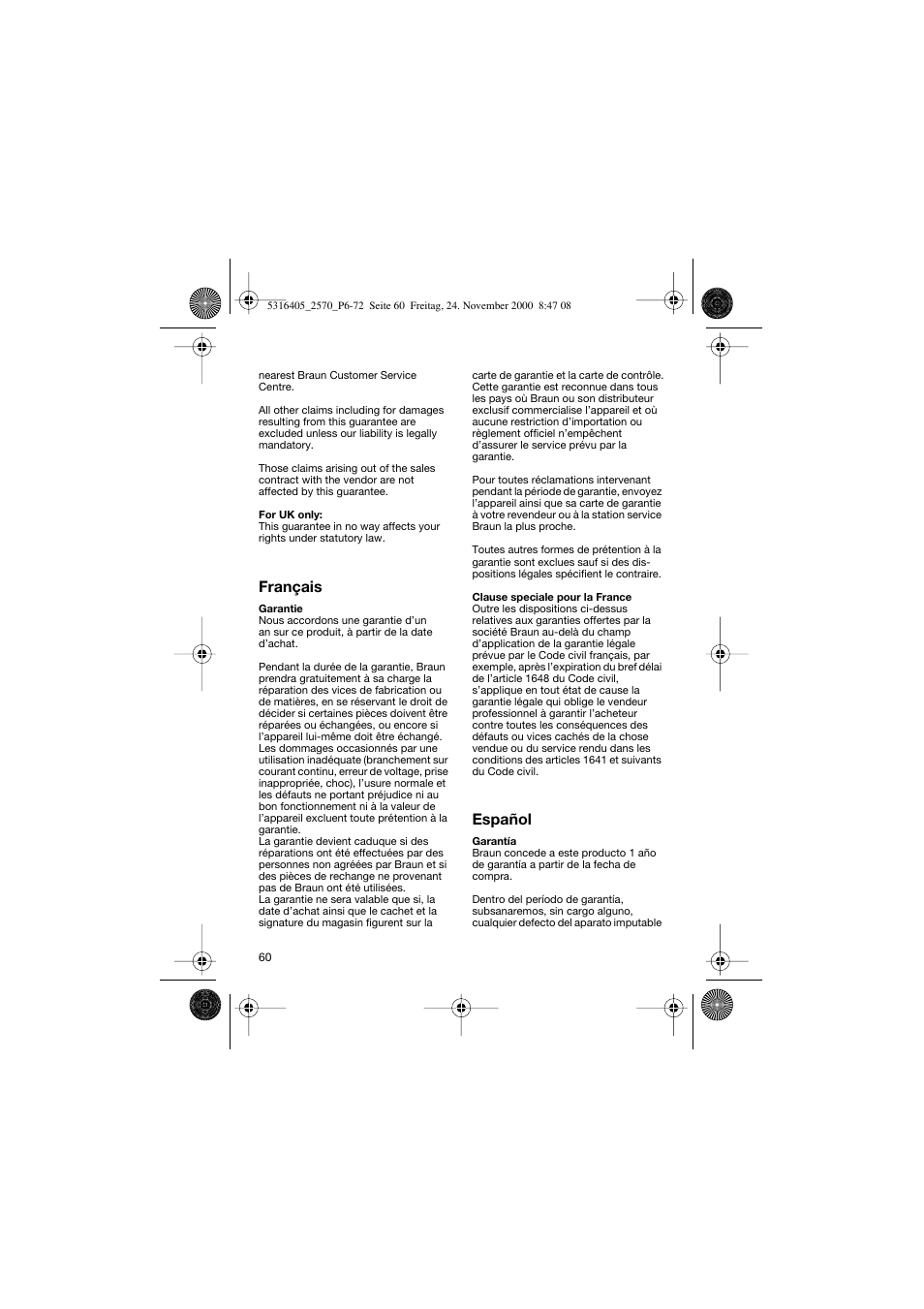 Français, Español | Braun 2550 EverSoft User Manual | Page 59 / 71