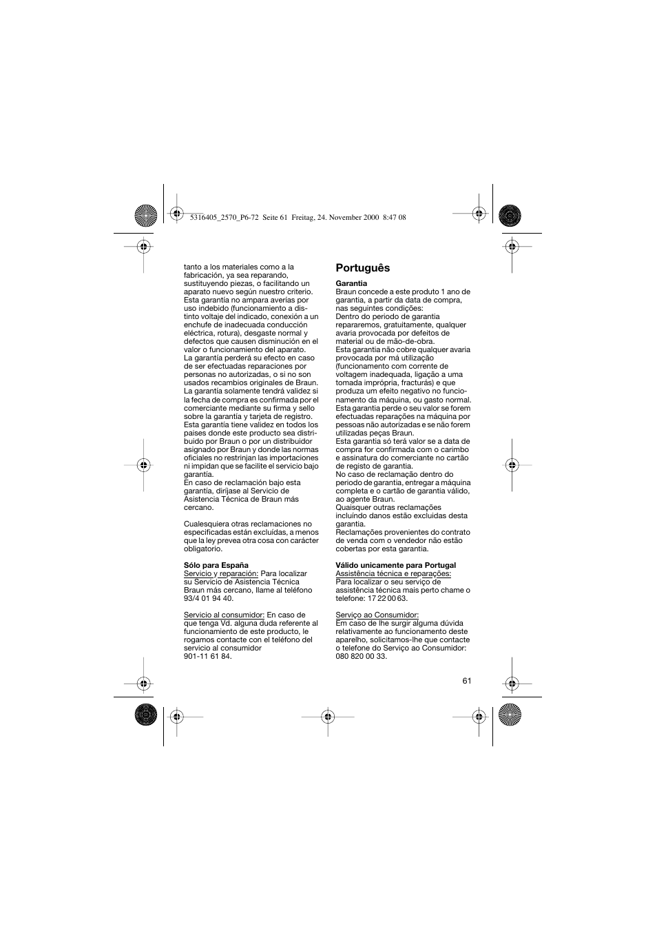 Português | Braun 2550 EverSoft User Manual | Page 60 / 71
