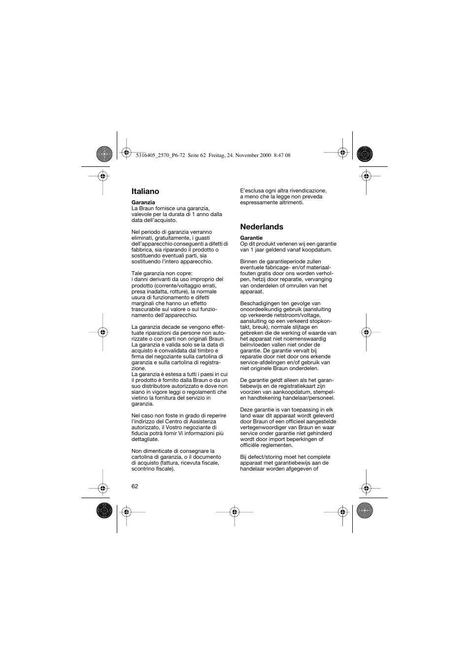 Italiano, Nederlands | Braun 2550 EverSoft User Manual | Page 61 / 71