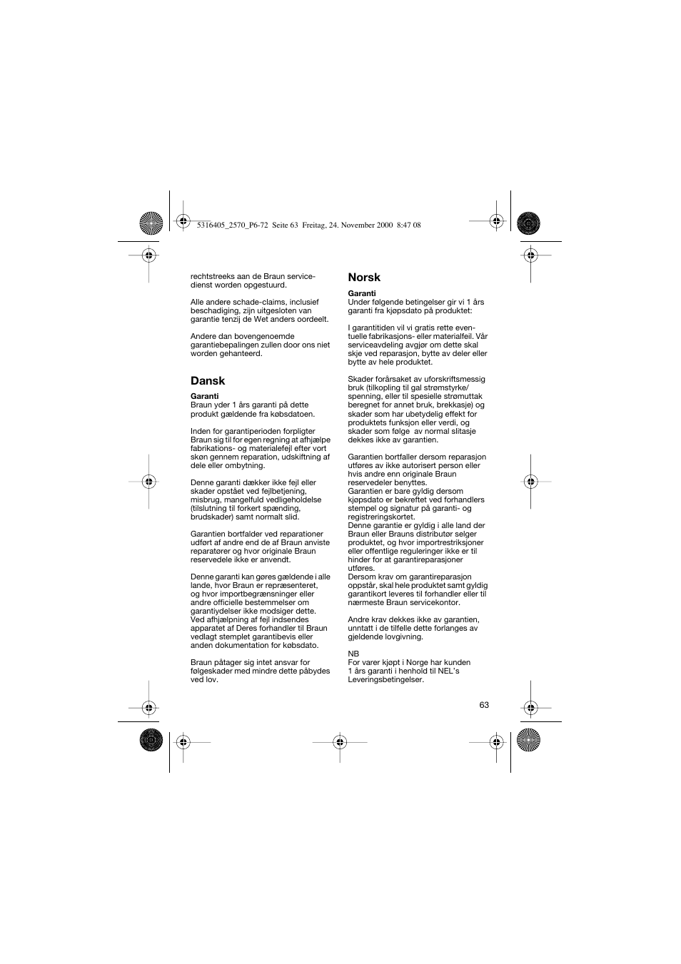 Dansk, Norsk | Braun 2550 EverSoft User Manual | Page 62 / 71
