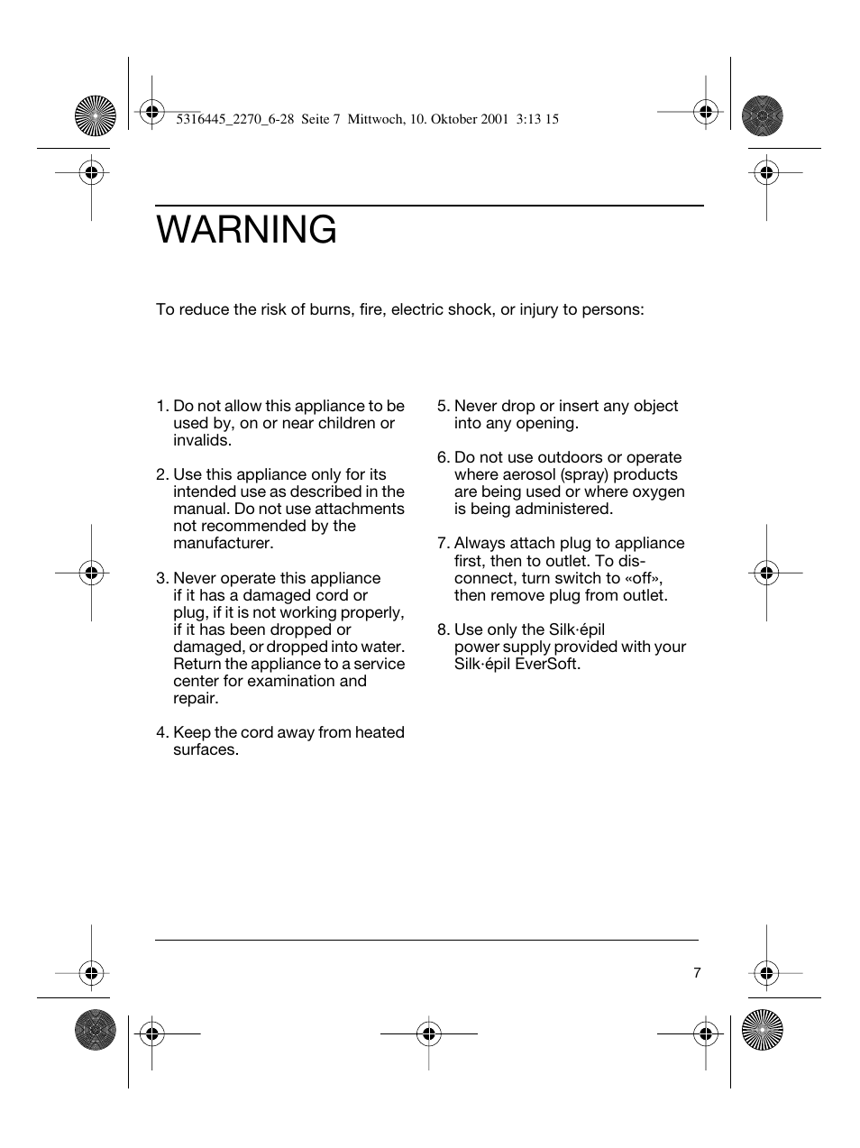 Warning | Braun 2270 Silk-épil EverSoft User Manual | Page 6 / 25