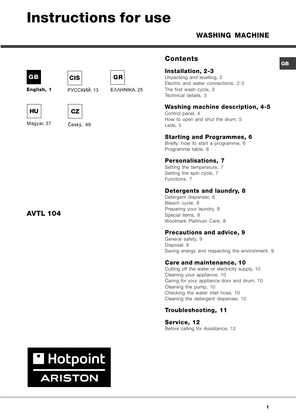 Hotpoint Ariston AVTL 104 User Manual | 60 pages