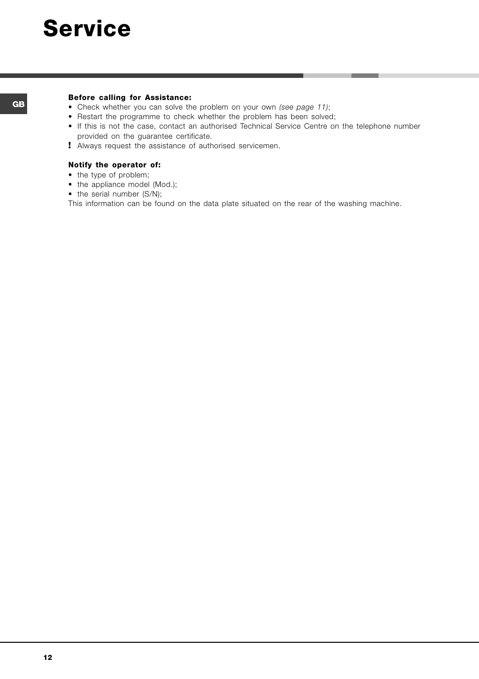 Service | Hotpoint Ariston AVTL 104 User Manual | Page 12 / 60