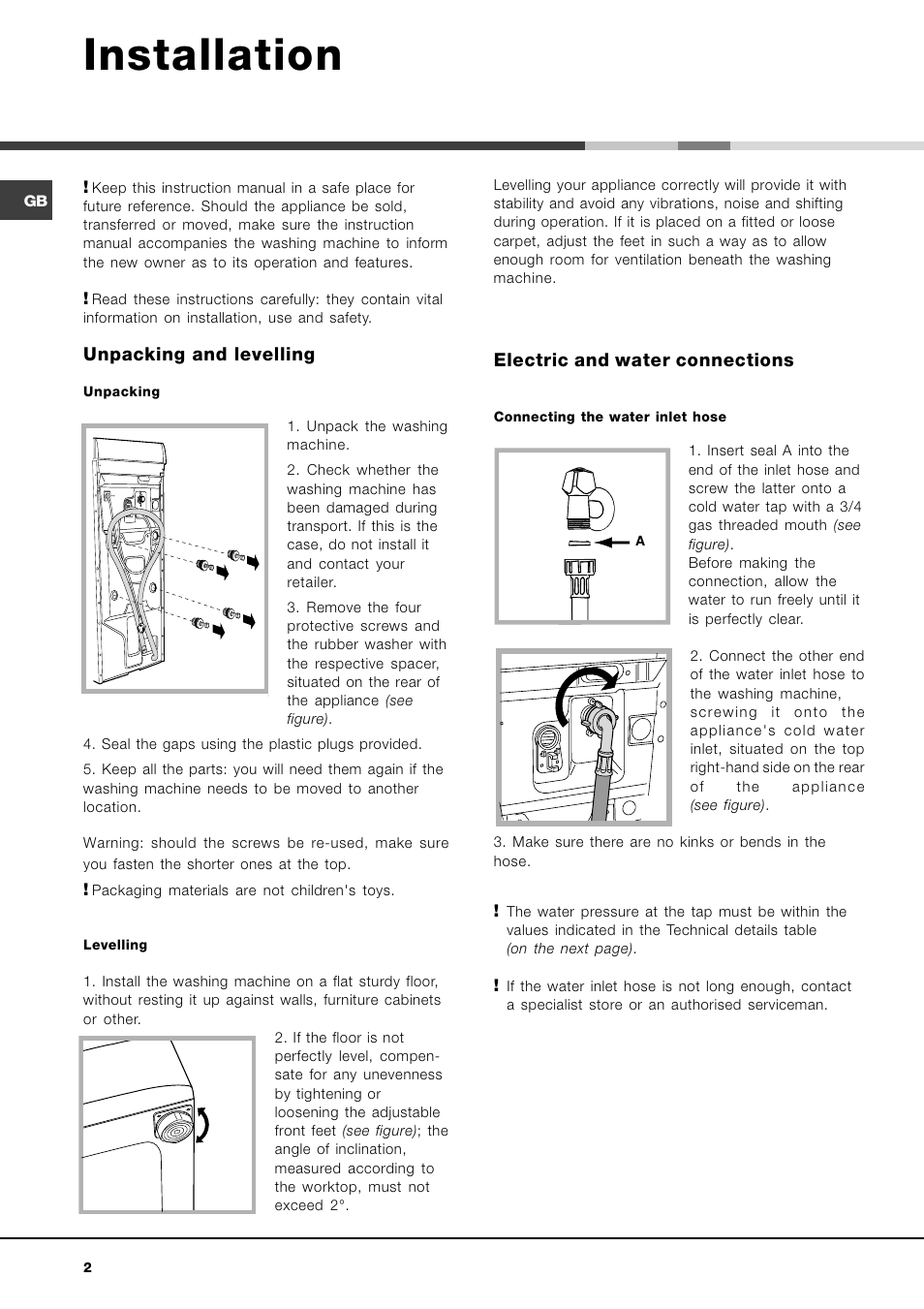 Installation, Unpacking and levelling, Electric and water connections | Hotpoint Ariston AVTL 104 User Manual | Page 2 / 60