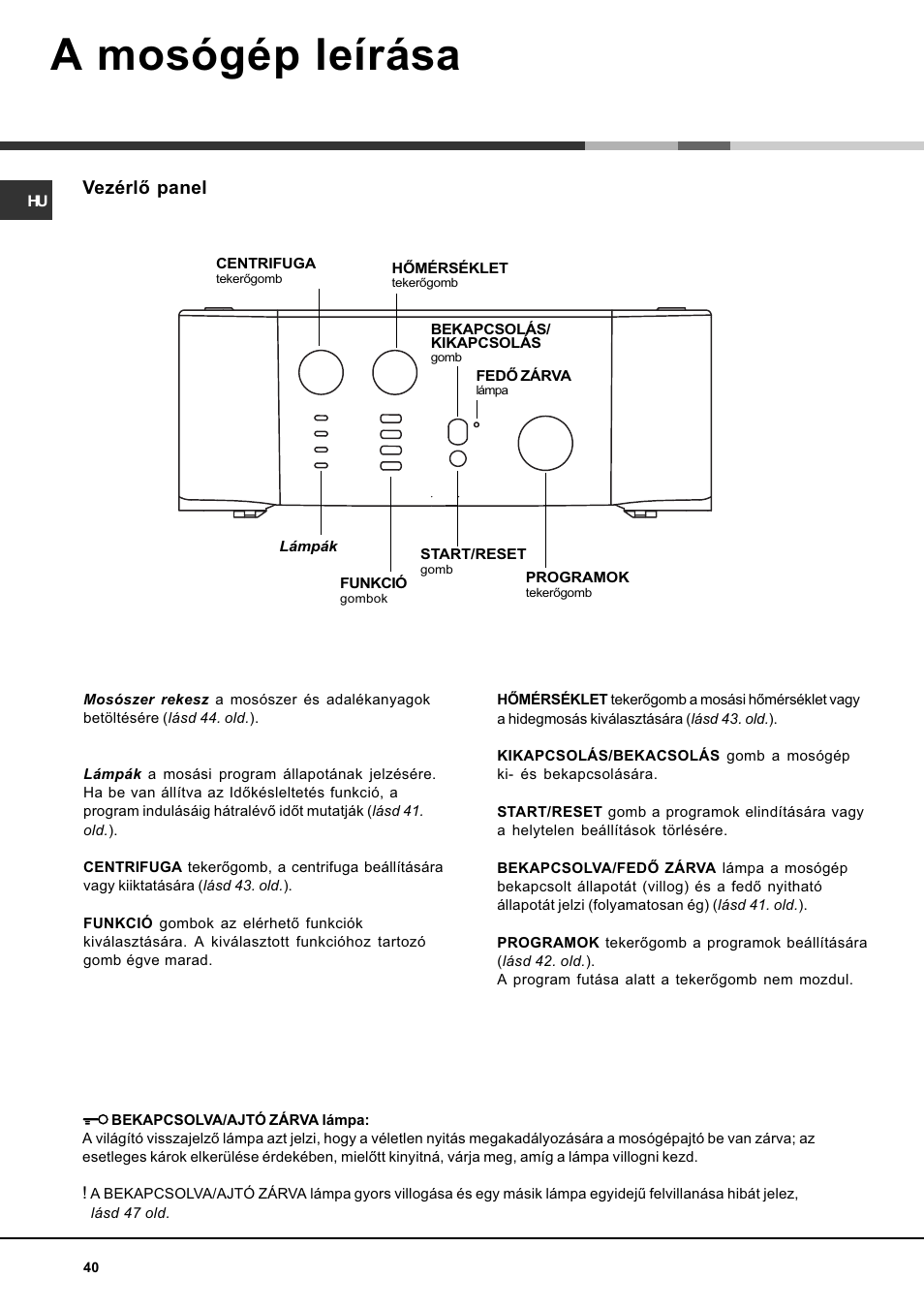A mosógép leírása, Vezérlõ panel | Hotpoint Ariston AVTL 104 User Manual | Page 40 / 60