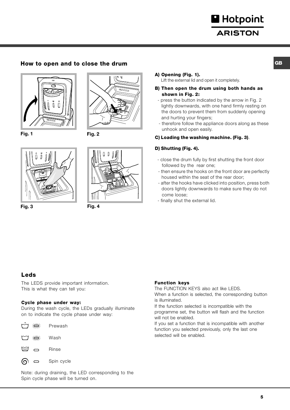 Leds, How to open and to close the drum | Hotpoint Ariston AVTL 104 User Manual | Page 5 / 60