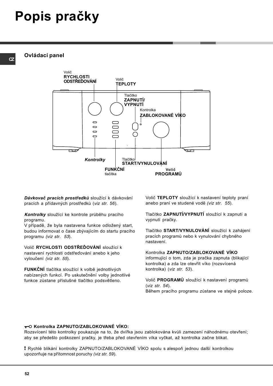 Popis praèky, Ovládací panel | Hotpoint Ariston AVTL 104 User Manual | Page 52 / 60