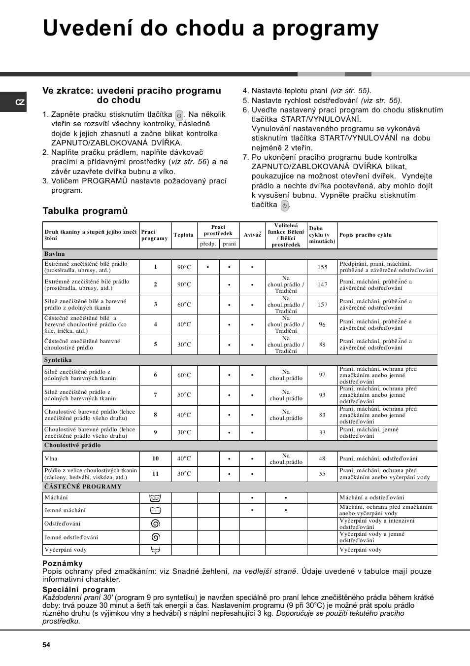 Uvedení do chodu a programy, Tabulka programù, Ve zkratce: uvedení pracího programu do chodu | Hotpoint Ariston AVTL 104 User Manual | Page 54 / 60