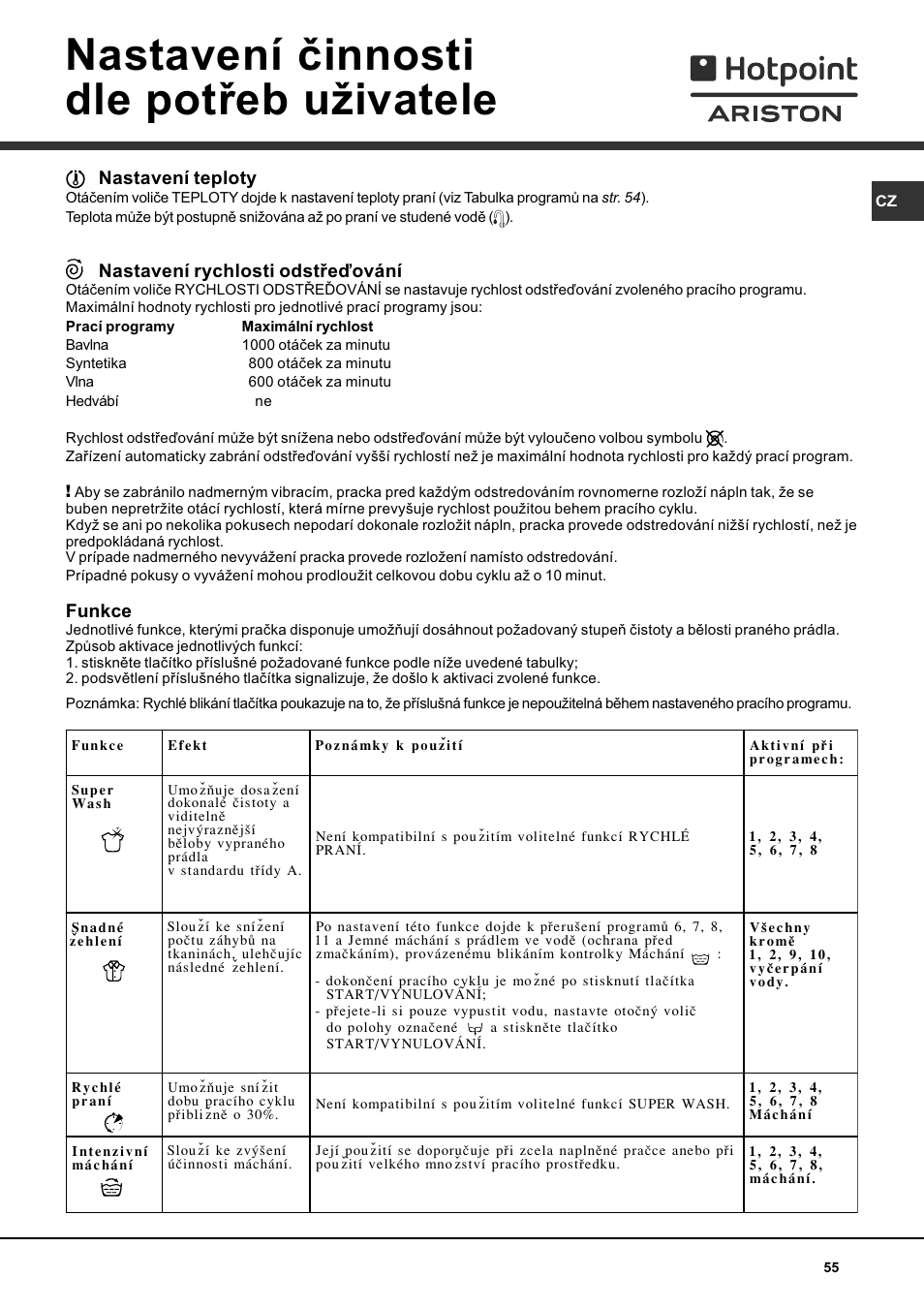 Nastavení èinnosti dle potøeb uivatele, Nastavení teploty, Nastavení rychlosti odstøeïování | Funkce | Hotpoint Ariston AVTL 104 User Manual | Page 55 / 60