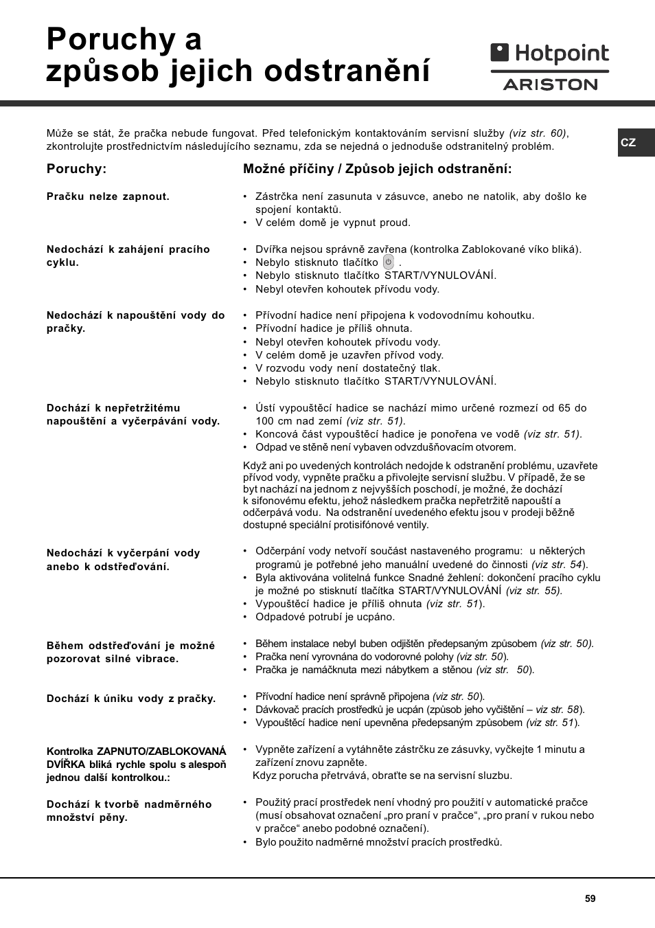 Poruchy a zpùsob jejich odstranìní | Hotpoint Ariston AVTL 104 User Manual | Page 59 / 60